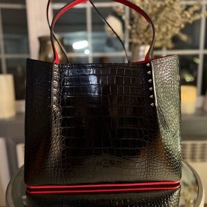 Christian Louboutin Black and Red Croc-Pattern Tote